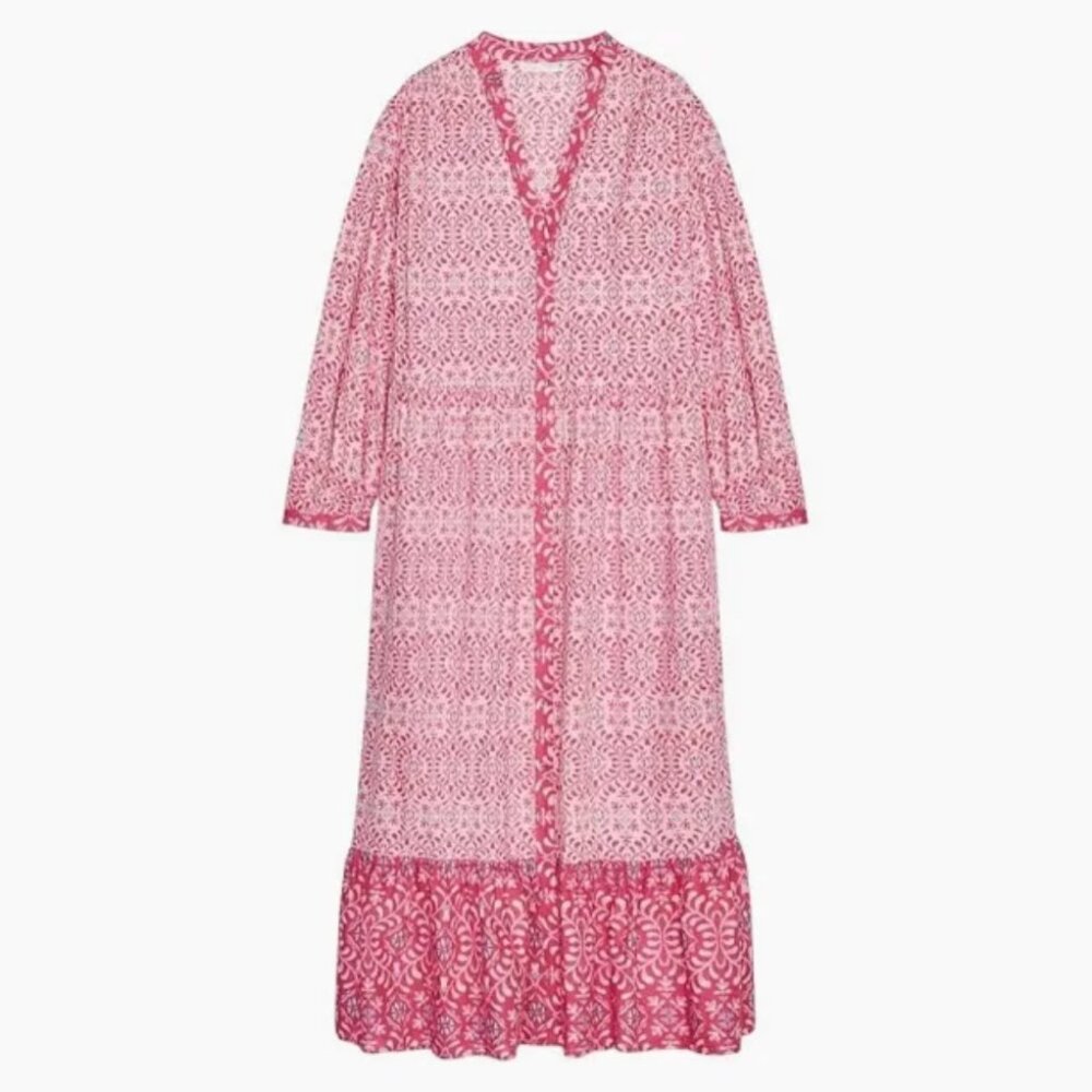 Zara Boho Pink White Printed Midi Dress Size XS